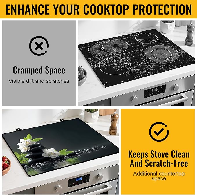 NYZE Stove Top Cover for Electric/Glass Stove, Flat Top Cooktop Protector, Electric Cooktop Cover, Extra Counter Space for Kitchen (White Orchid Stacked Stones)