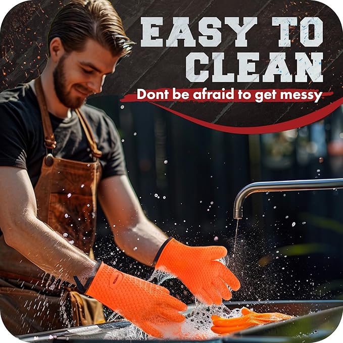 KITCHEN PERFECTION Silicone Smoker BBQ Gloves - Heat Resistant Oven Mitts | Waterproof, 5-Finger Design For A Better Grip, for Pitmasters, Meat Smoking, Grilling, Cooking, Frying Turkey | Grill Gift