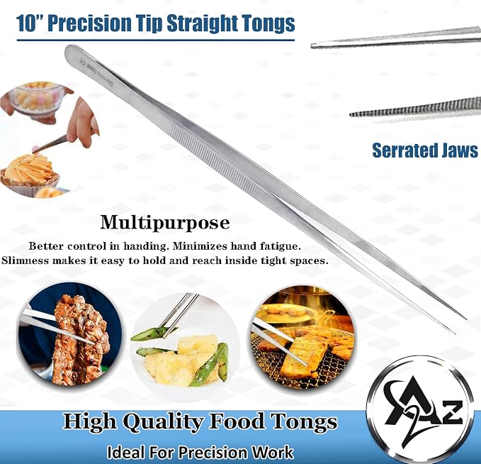 Professional Culinary Stainless Steel Precision Tongs with Serrated Tips, Plating/Food Presentation Detailing Serving Tongs, Chef's Kitchen Tweezer Tongs - Ultra Non-Slip Grip (10" STR Slim)