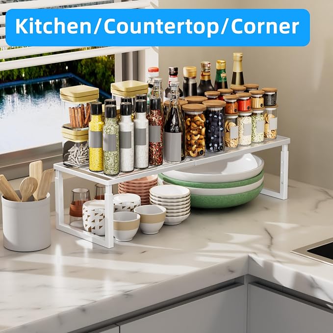 Cabinet Shelves, 2 Pack Stackable Shelves for Kitchen Storage | Expandable & Height Adjustable Cabinet Organizer Shelf | Metal Shelf Organizer | White Spice Rack for Pantry Storage