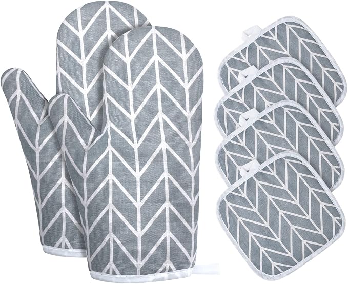 AUAUY Oven Mitts and Pot Holders 6PCS Set, 392°F Heat Resistant BBQ Gloves | Cooking Gloves and Hot Pads Baking Mittens, Top Kitchen Gadgets, Non-Slip Kitchen Mittens for Oven Cooking Baking Grilling