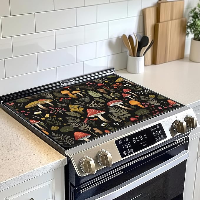 Retro Mushroom Stove Top Cover Glass Cooktop Heat Resistant Cover,Forest Plant Moth Ceramic Stove Top Covers Mat Prevents Scratching Stoves/Counter/Washer Protector, 28x20 in