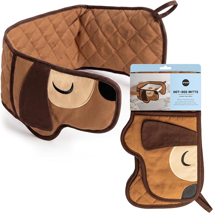 OTOTO Hot-Dog Double Oven Mitts Cute Funny - Gifts for Dog Lovers, Dachshund Themed Gifts, Heat Resistant, Kitchen Gadgets (Brown)