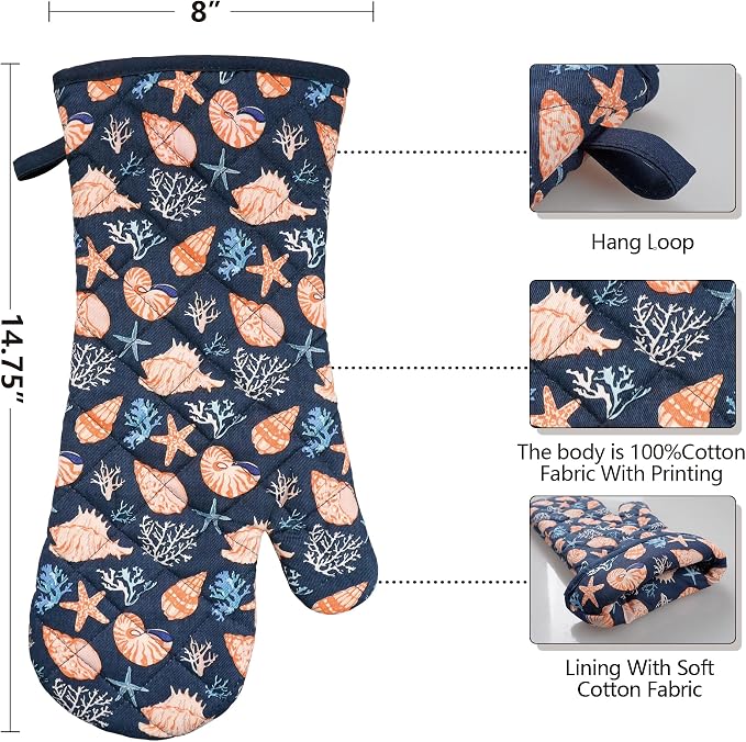 Oven Mitts Cotton Fashion Cute Cowry Design 1 Pair | Heat Resistant Oven Gloves Safe Cooking Baking Grilling Barbecue Machine Washable Pot holders Christmas Gift (Cowry)