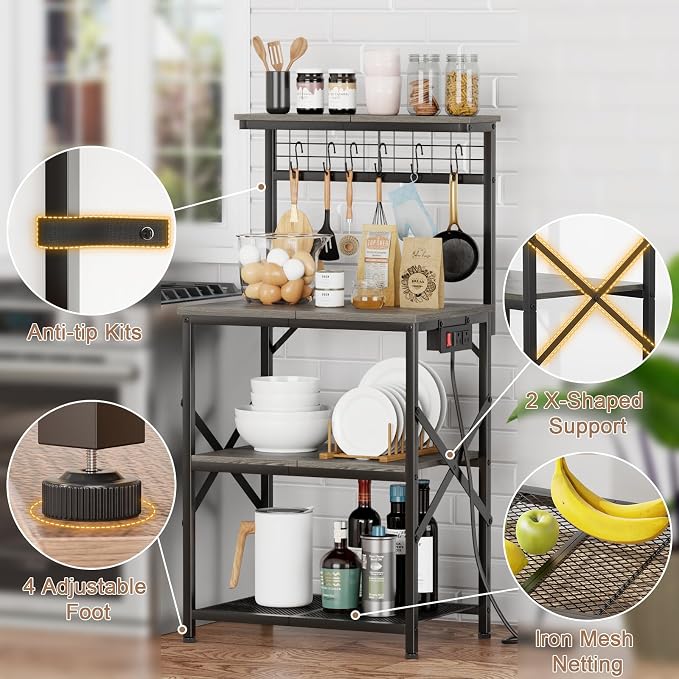 Furologee Kitchen Bakers Rack with Power Outlet, Coffee Bar Station with Storage 4 Tiers, Microwave Oven Stand with 6 S Hooks, Kitchen Storage Shelves Rack for Spices, Pots, Black Oak