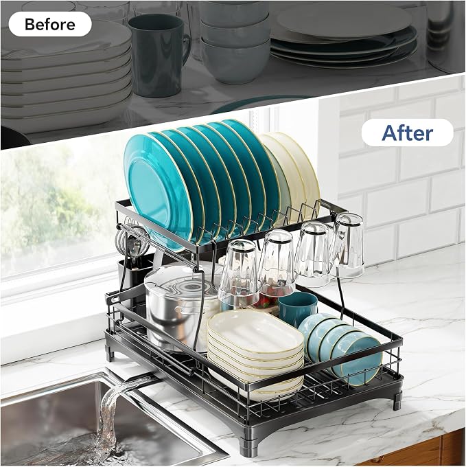 Simple Trending Dish Drying Rack, 2-Tier with Utensil Holder, Black | Stainless Steel Dish Rack for Kitchen Counter, Large Capacity Dish Drainer Organizer, Automatic Drainage, 17"D x 12"W x 15"H