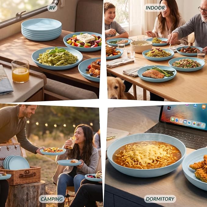 Wheat Straw Deep Plates 9 Inch Unbreakable & Lightweight Plastic Dinner Plates Alternative for Dessert, Sandwich 8 PCS Microwave & Dishwasher Safe Reusable Plate for Camping, RV-Light Blue