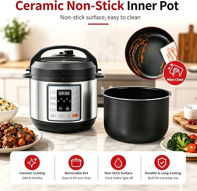 Simple Deluxe Electric Pressure Cooker 3Qt, 10 Presets Instant Multi Cooker, Olla de Presion Nonstick Pot 3 Quarts for Slow Cook, Rice Cook, Steam, Sauté, Canning, Yogurt Maker, Warm, Silver and Black