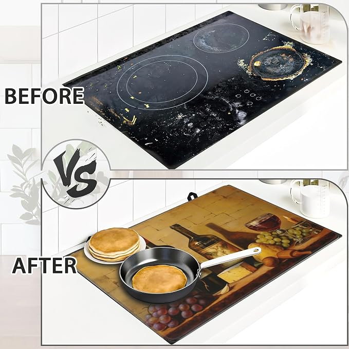 Electric Stove Top Cover Protector – Retro Wine Bottles Glasses and Grapes Glass Flat Top Stove Mat Oven Induction Cooktop Mat for Ceramic Countertop Mats Heat-Resistant Dish Drying Mat