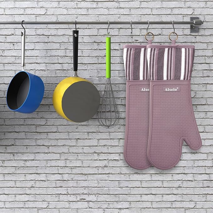 Alselo Silicone Oven Mitts Set, Heat Resistant 550 Degree,7.5"x16" | Extra Long Kitchen Mittens,Waterproof & Non-Silp Oven gloves for Baking Cooking Barbecue Microwave (Extra Long Purple, 2)