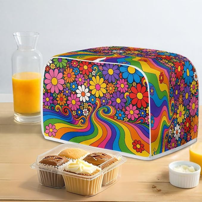 Hippie Floral Print Toaster Cover 2 Slice Anti Fingerprint Toaster Oven Dust Cover Washable Kitchen Appliance Dust Covers, Kitchen Decorations