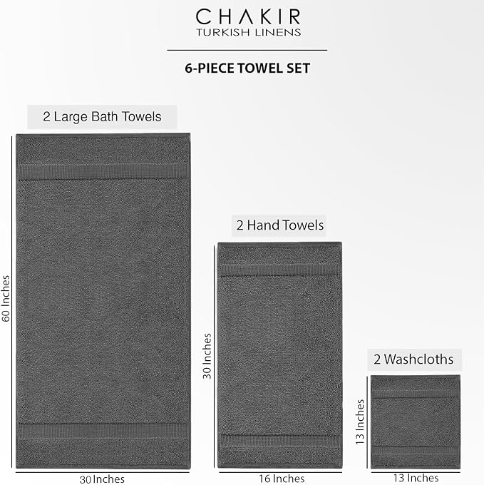 Chakir Turkish Linens 100% Cotton 6-Piece Towel Set, Dark Gray | 100% cotton 6-pc set, OEKO-TEX certified: 2 bath 30x60, 2 hand 16x30, 2 washcloths 13x13