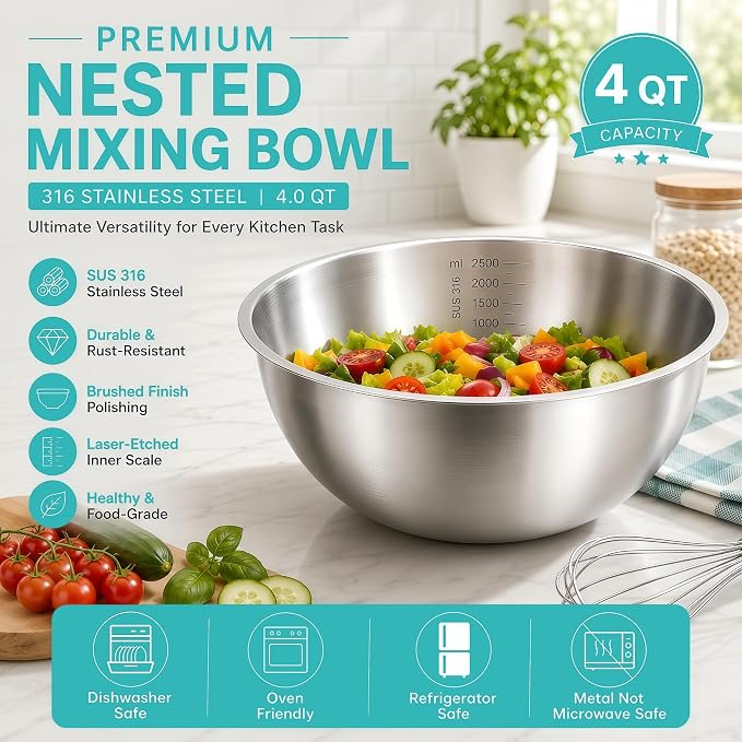 Stainless Steel Mixing Bowls Set of 3, 1.5/2.5/4 Qt Metal Mixing Bowl Set for Baking, Salad, Cooking & Meal Prep, Nesting Stainless Steel Bowls with Measurement Marks, Dishwasher Safe