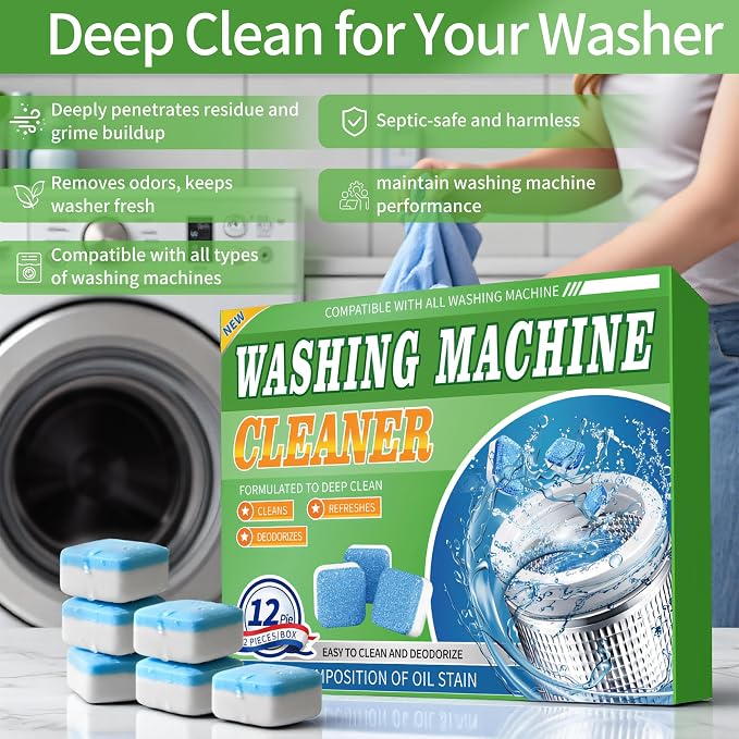 Washing Machine Cleaner Tablets 12 Pack - Deep Cleaning Tablets | for HE Front & Top Load Washers, Septic Safe, Eco-Friendly, Removes Residue & Odors