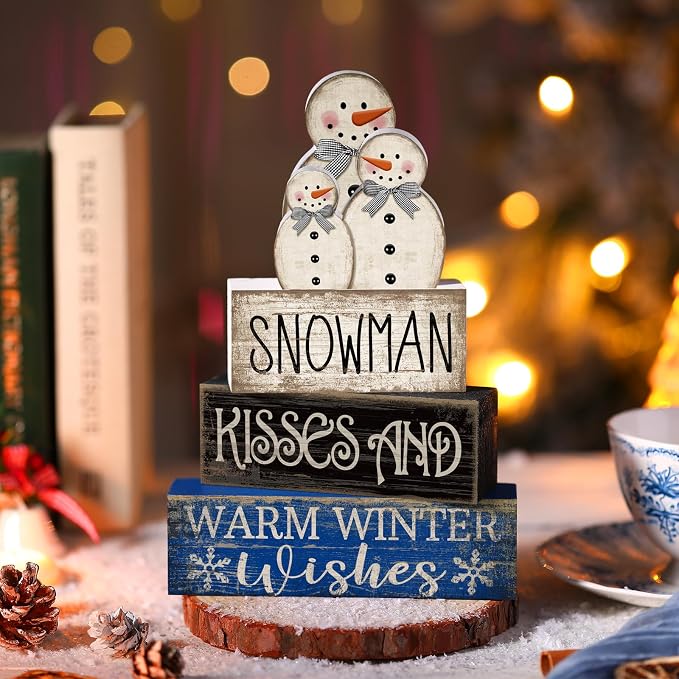 Lineshading 4 Pcs Wooden Snowman Tiered Tray Decor Winter Signs Home | Rustic Blocks with Snowman Family Topper, Warm Wishes Quote, Holiday Centerpiece for Christmas Tabletop Shelf Decorating