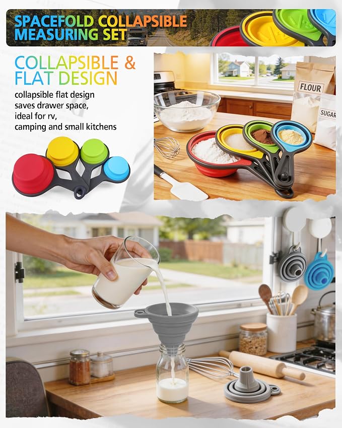 Measuring Cup and Spoon Set, Collapsible Measuring Cup, 8 Piece Measuring Tools and 1 Funnel, Engraved Metric/US Markings, for Liquid and Dry Measurements, Space Saving, BPA Free Silicone, Colorful