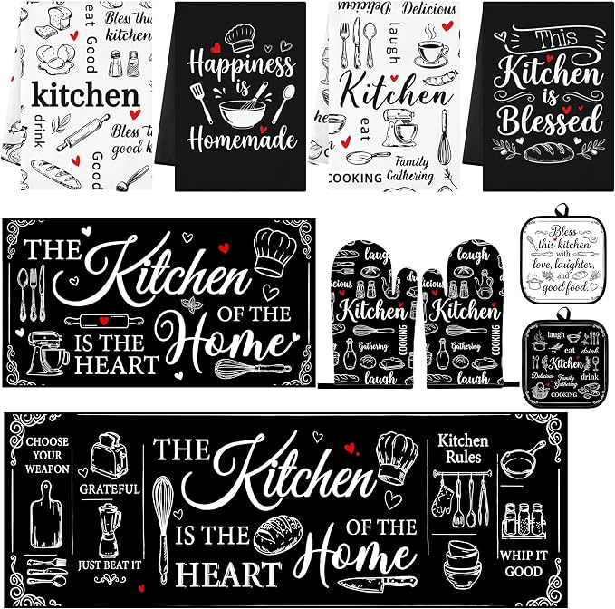 10 Pcs Kitchen Decor and Accessories Set, Modern Art | Farmhouse Chalkboard 4 Dish Towels Kitchen Rugs 2 Oven Mitts 2 Pot Holders, Home Decor for Cooking Baking BBQ Housewarming