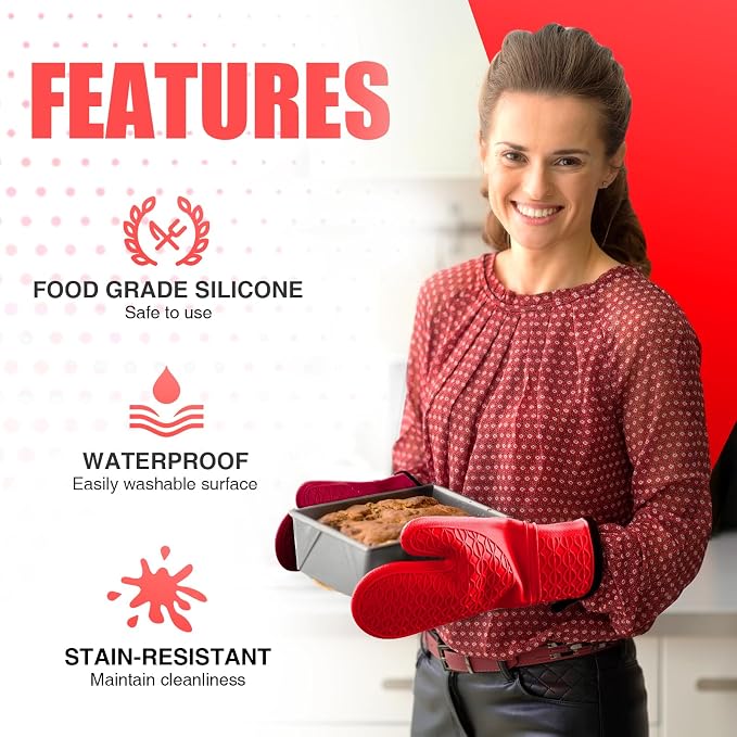 Silicone Oven Mitts, Heat Resistant 2PCS Oven Mitts with Soft Cotton Lining, Waterproof Non-Slip Grip Oven Glove, Kitchen Potholder Mits for BBQ, Baking, Cooking, 12.5 Inch - Red