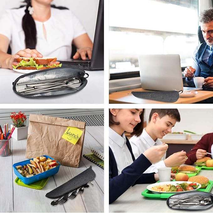 Travel Utensil Sets Carrying Case Portable Cutlery Set Pouch Reusable Silverware Set Bag Stainless Steel Straws Pouch Chopsticks Knife Fork and Spoon Holder for Work Bento Box Lunch Bag, Grey