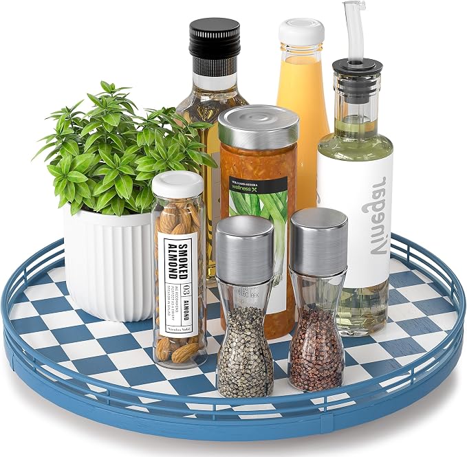 Blue and White Checkerboard Lazy Susan with Rubberwood Base and Metal Rail | Smooth rotating oak tray with walnut finish for dining tables, kitchen counters, pantries and cabinet storage.