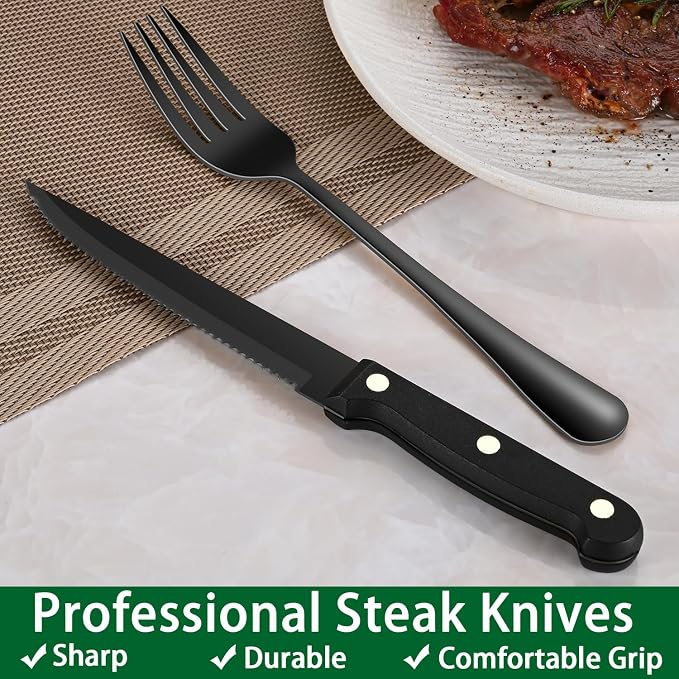 Black 49 Pieces Stainless Steel Flatware Sets With Organizer,Black Silverware Sets With Steak Knives Service For 8,Black Tableware Cutlery Sets For Home Kitchen