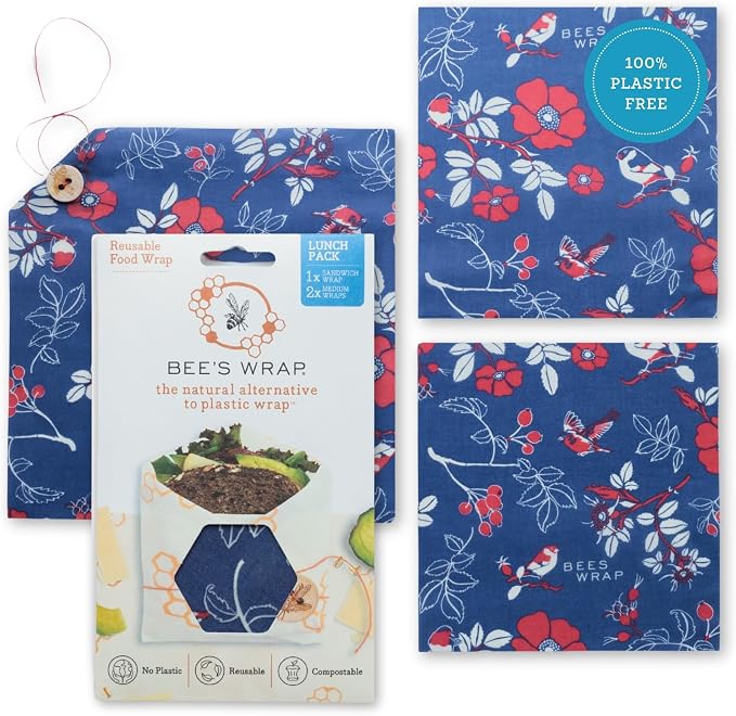 Bee's Wrap Beeswax Food Wraps, 2 Medium & Sandwich Pack - Botanical | Organic Beeswax Wraps - Plastic Free - Reusable Food Storage - Lunches & Leftovers - Made in USA