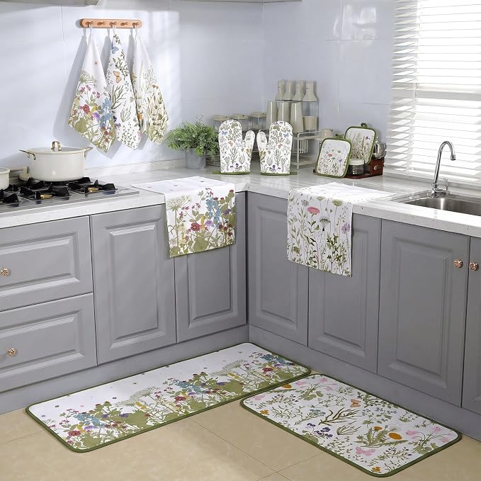 Fourluoo 10 Pcs Wildflower Kitchen Decor Set Grass Dish Towels Kitchen Rugs Oven Mitts and Pot Holders for Cooking Baking Grilling Women Mom Gift