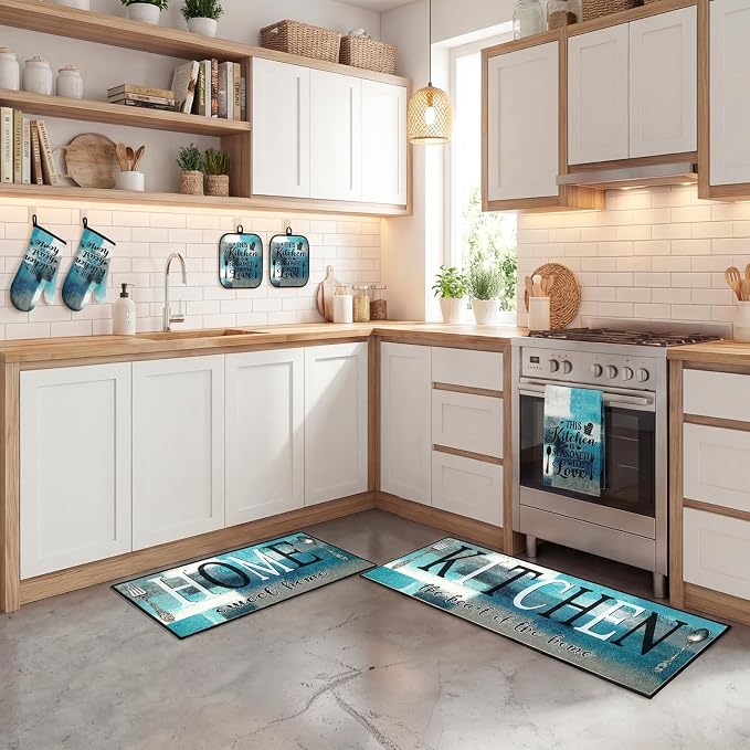 10 Pcs Kitchen Decor and Accessories Set, Farmhouse Teal | 4 Dish Towels Kitchen Rugs 2 Oven Mitts 2 Pot Holders, Home Decor for Cooking Baking BBQ Gifts Women Mom Housewarming