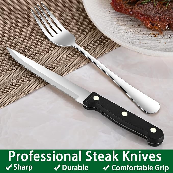 24-Piece Silverware Set with Steak Knives,Flatware Set Service for 4 Person, Food-Grade Stainless Steel Cutlery Set,Includes Knife Spoon And Fork, Mirror Finished Utensil Sets for Home Restaurant