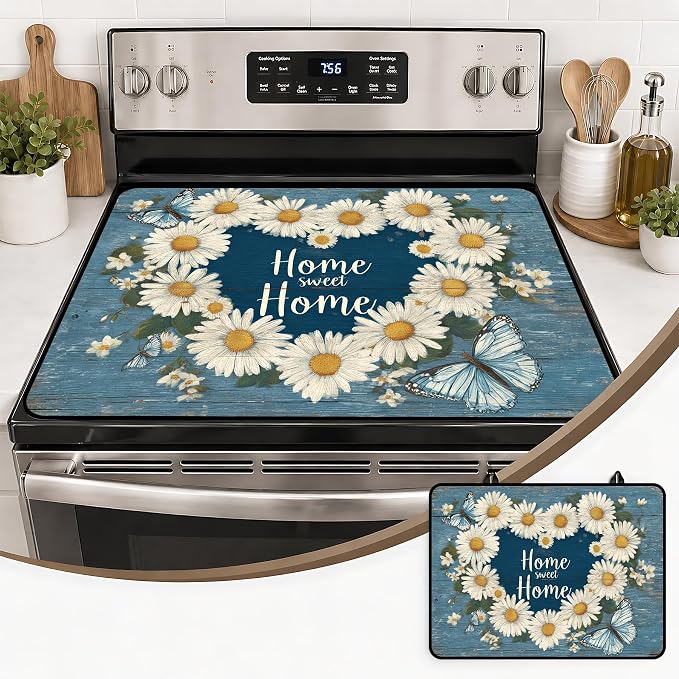 Stove Top Covers with A Non-slip Rubber Coating—protect Your Stove from Scratches, Extend Countertop Space, and Add A Classic Kitchen Touch. (Daisy wreath, 28"L x 20"W)