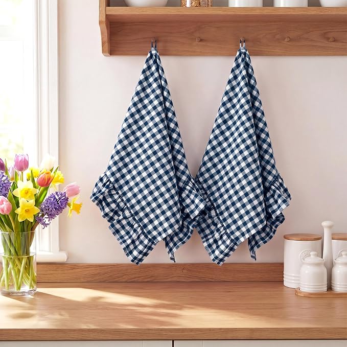 HunnmingRe 2 Pcs Navy Blue Gingham Kitchen Towels Cotton Ruffled | Checked Dish Towels 18"x28" Tea Cloths Plaid Cottage Core Kitchen Decor for Farmhouse Charm Drying Dishes Entertaining Guests