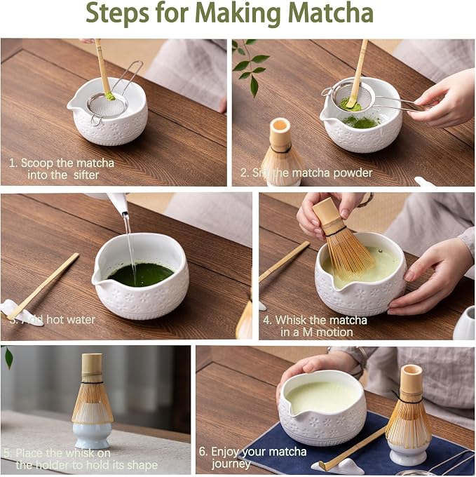 Buucup Matcha Whisk Set, Ceramic Kit with Bowl & Bamboo Accessories | 7-piece set includes ceramic bowl, bamboo whisk, scoop, holder, rest, sifter and tea towel. Great for beginners and gifts.