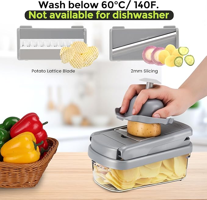Yusshn Vegetable Chopper, 12-in-1 Food Veggie Chopper Cutter with Container | 7 Sharp Blades Dice, Slice, Shred and Grate for Salads, Onions and Meal Prep, with a Non-Slip Base and Drain Basket