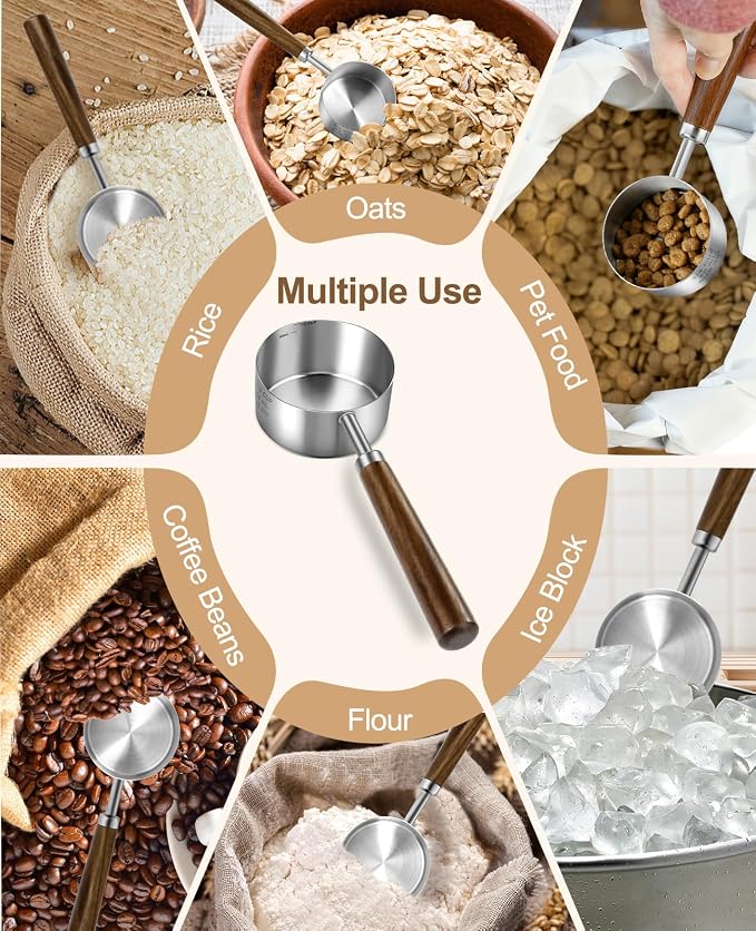 Stainless Steel Dog Food Scoop, Dog Food Measuring Cup With Measuring Lines (Cup/ML) & Long Wooden Handle, Metal Pet Food Scoop For Dogs, Cats and Kitchen Use, Dishwasher Safe (1/4 CUP)