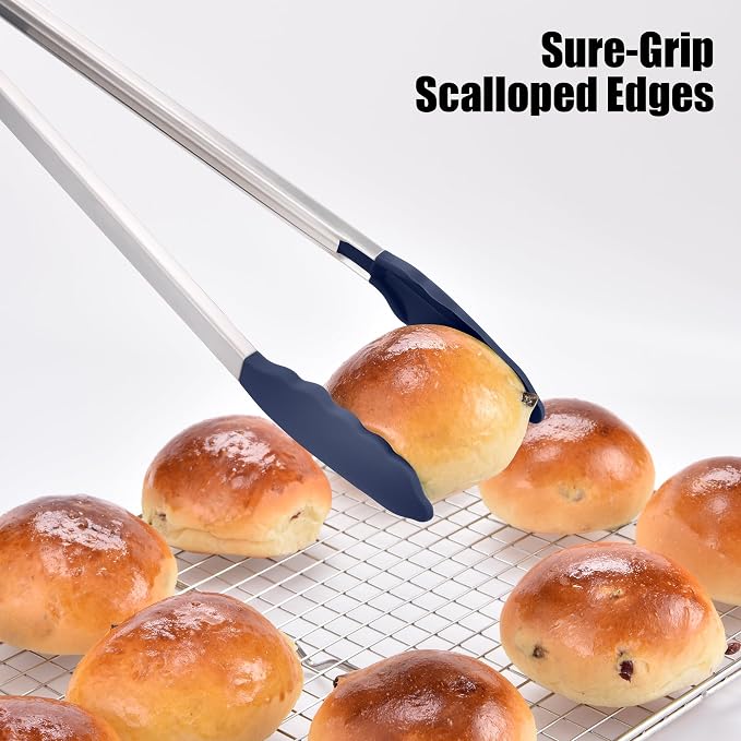 Doosu Kitchen Tongs with Silicone Tips for Cooking Serving (16in, Navy) | 600°F Heat Resistant Food Tong, Heavy Duty Stainless Steel Locking Tong for BBQ, Grilling Steak, Salad, Toast, Pasta