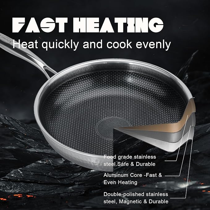 Hybrid 12 inch Stainless Steel Non Stick Skillet | PFOA Free, Induction Compatible, Fast & Even Heat, Dishwasher & Oven Safe (500F)
