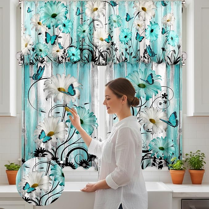 13 Pcs Farmhouse Teal Daisy Kitchen Decor Set 3 Turquoise Kitchen Curtains Valance 2 Rugs and Mats 4 Hand Towels 2 Pot Holders 2 Oven Mitts for Home Decor Cooking Grilling Housewarming Gift