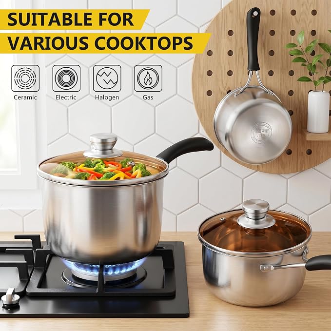 E-far Stainless Steel Saucepan Set of 3, 1 & 2 & 3 Quart Sauce Pan with Lid, Multipurpose Small Pot for Home Kitchen Restaurant Cooking, Dishwasher Safe