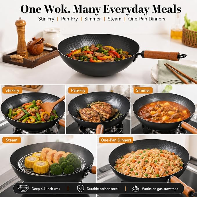 WANGYUANJI Carbon Steel Wok Pan with Lid, 12.6 Inch Flat Bottom Wok for Induction, Gas & Electric Stoves, Chinese Stir Fry Pan with Detachable Wooden Handle