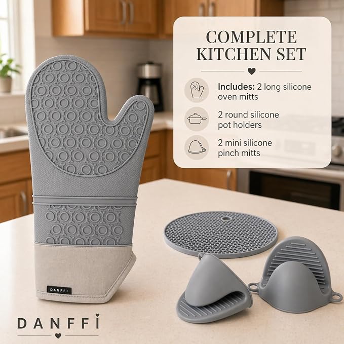 Silicone Oven Mitts and Pot Holders 6 Piece Set, Heat Resistant 500°F Extra Long Oven Gloves with Cotton Lining, Non-Slip BPA-Free Hot Pads and Pinch Mitts for Baking BBQ Cooking (Gray)