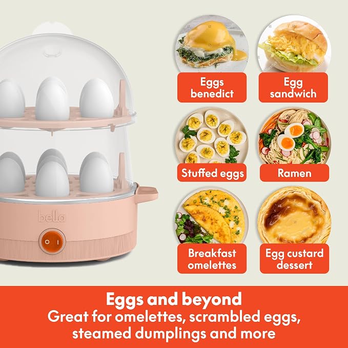 bella Electric Egg Cooker, 14 Eggs Capacity Tray, Double Stack, for Poached, Scrambled, Hard, Medium & Soft Boiled Eggs, Omelets and Steamed Dumplings, Auto Shutoff, 360 Watt, Blossom