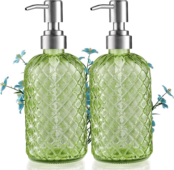 Kaishun Refillable Glass Soap Dispenser (2PC) for Hand Soap & Lotion, Green