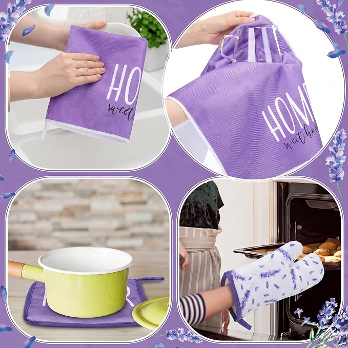 Leinuosen 8 Pcs Purple Lavender Kitchen Towels and Dishcloths Sets Oven Mitts and Pot Holders Sets Absorbent Kitchen Gloves Potholders Heat Resistant for Chef Baking Cooking