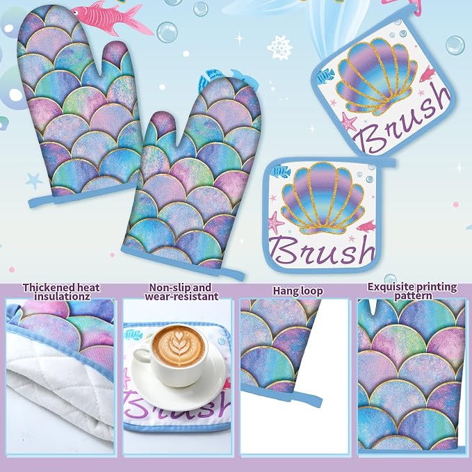 Fourluoo 10 Pcs Mermaid Kitchen Dish Towels Rugs Oven Mitts and Pot Holders Set Farmhouse Kitchen Decor Set for Women Mom Daughter Gift Cooking Baking Grilling