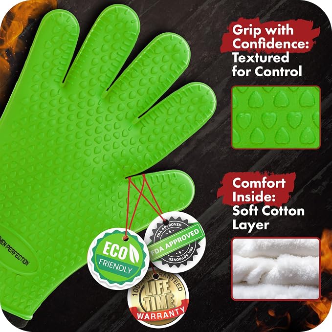 KITCHEN PERFECTION Silicone Smoker BBQ Gloves - Heat Resistant Oven Mitts | Waterproof, 5-Finger Design For A Better Grip, for Pitmasters, Meat Smoking, Grilling, Cooking, Frying Turkey | Grill Gift