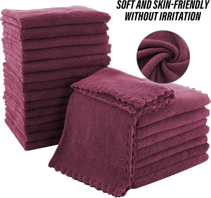 MOONQUEEN Ultra Soft Premium Washcloths Set - 12 x 12 inches - 24 Pack - Quick Drying - Highly Absorbent Coral Velvet Bathroom Wash Clothes - Use as Bath, Spa, Facial, Fingertip Towel (Burgundy)