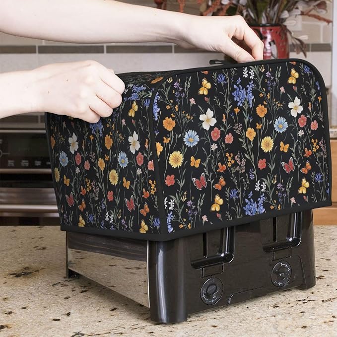 4 Slice Toaster Cover Vintage Botanical Flower Wildflower Dust Proof Washable Kitchen Appliance Cover with Pocket, Oxford Fabric Countertop Toaster Protector for Standard Toasters Small Appliances