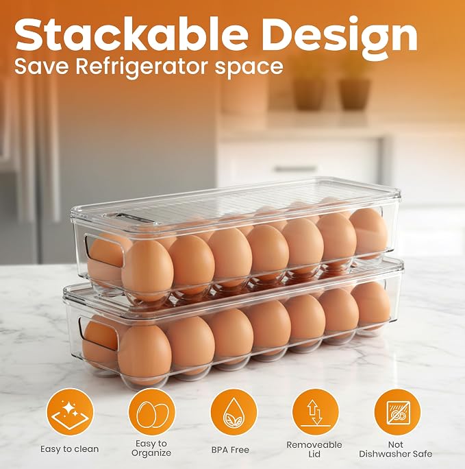 Utopia Home Egg Holder for Fridge, Stackable Egg Container, 4 Pack, Clear | With Lid and Handle, For Refrigerator Organization, Egg Holder For Kitchen or Pantry Organizers and Storage