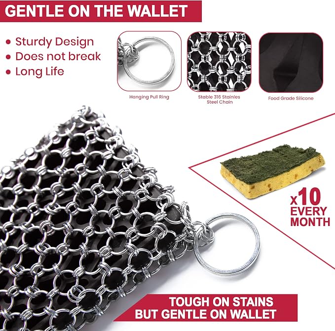 316L Cast Iron Scrubber Kit with Scraper Tool - Silicone Insert for Pan | Zylark Pan Cleaner Scrubber with Silicone Insert - Cast Iron Cleaning Kit - Chainmail Scrubber for Cookware