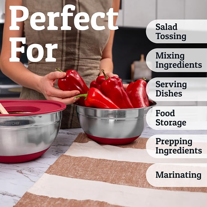 Priority Chef 6pc Stainless Steel Mixing Bowls with Lids Set, 7 Qt, Red | Non-Slip Nesting Bowls, 3 Graters and Interior Measurement Marks; For Meal Prep, Baking and Airtight Fridge Storage